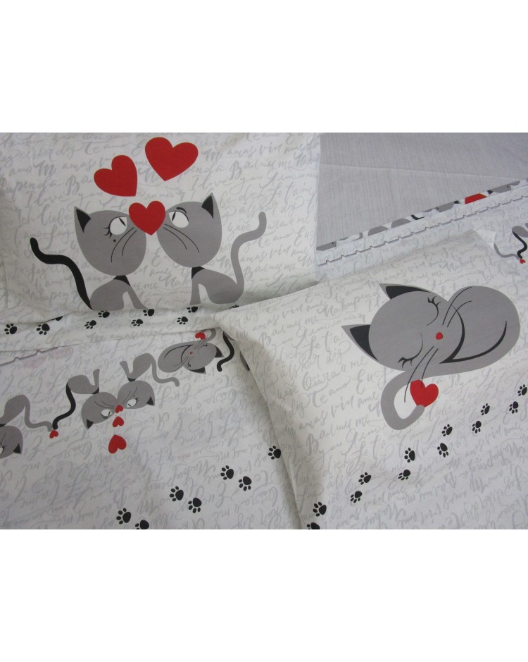 Fancy bed set KITTENS IN LOVE Color Gray Single-Double-Half Square 100% Cotton ...MADE IN ITALY!!!!