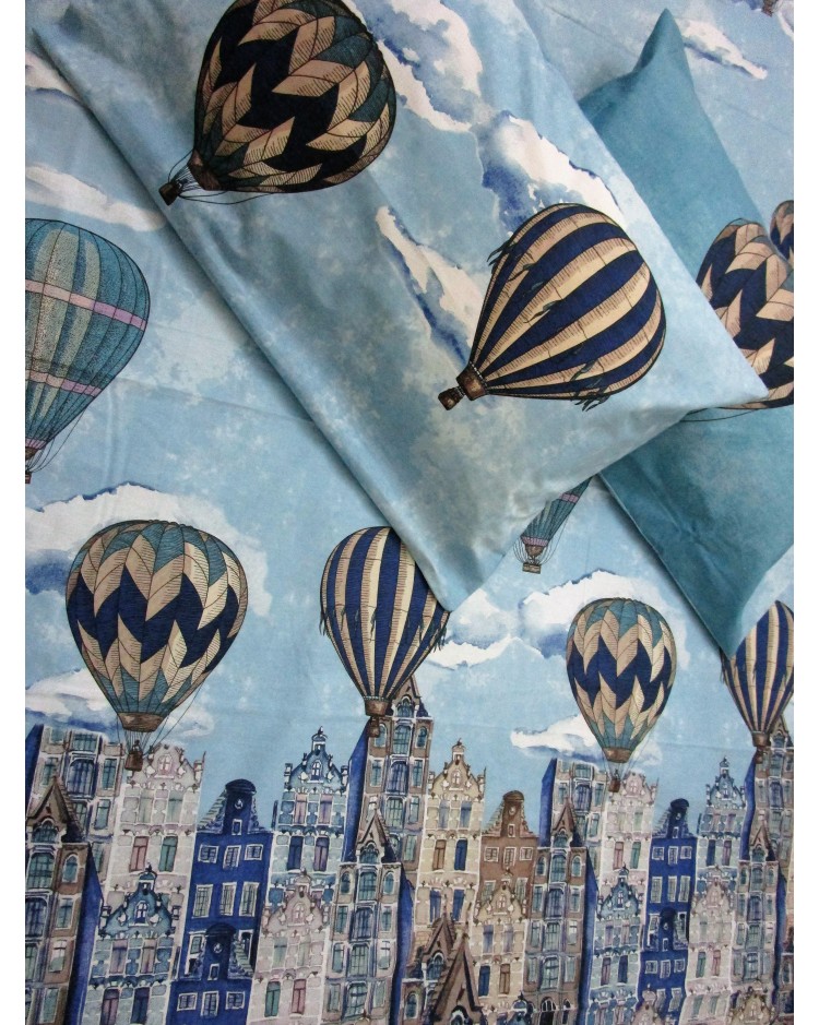 Fantasy-Bettwäsche-Set „Heißluftballons“, hellblaue Farbe, Einzelbett, Doppelbett, halbes Quadrat, 100 % Baumwolle...