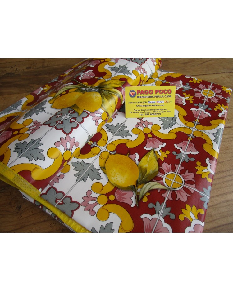 Rectangular Plastic Tablecloth MAIOLICA Pattern Red Color Size: 140x240 ..MADE IN ITALY..!!!!