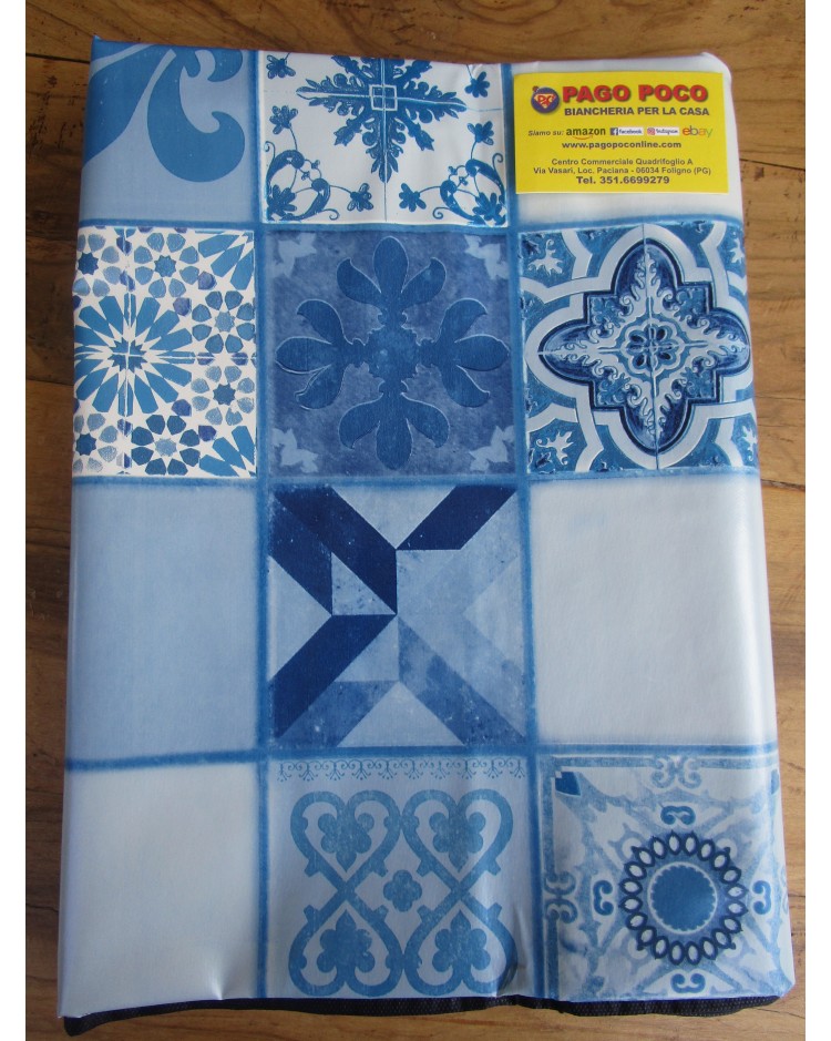 Rectangular Plastic Tablecloth with MAIOLICA Pattern, Light Blue Color..Size:140x240....140X180..MADE IN ITALY!!!!