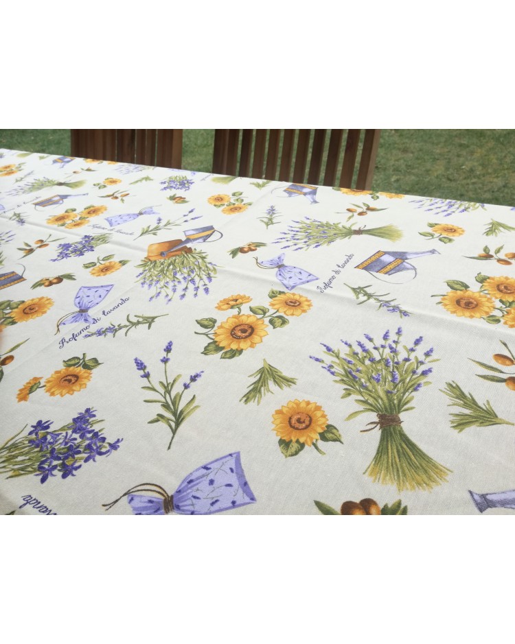 Rectangular Cotton Tablecloth LAVENDER AND SUNFLOWERS Pattern In All Sizes 100% Cotton.... MADE IN ITALY!!!!!