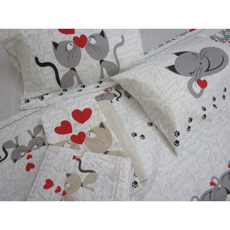 Bettbezug-Set Sacco+Kissenbezüge, 100 % Baumwolle, Motiv „Kätzchen in Liebe“. Farben Grau+Beige. Hergestellt in Italien!!!