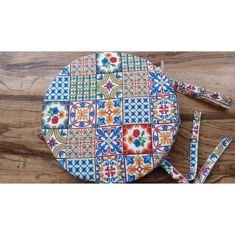 Housse de chaise ronde avec 2 lacets, déhoussable, taille 40x40, design MAIOLICA... FABRIQUÉE EN ITALIE...100% COTON