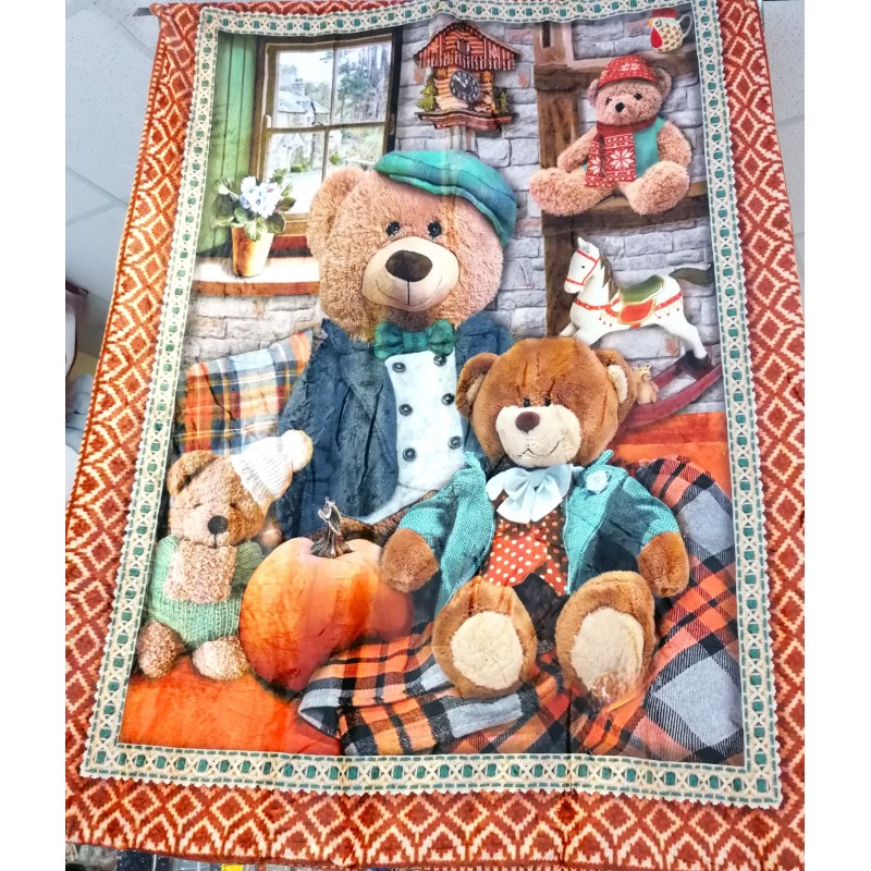 Karierte Decke aus sehr weicher und warmer Mikrofaser mit einfarbiger Rückseite. BÄREN-Design. Größe: 140 x