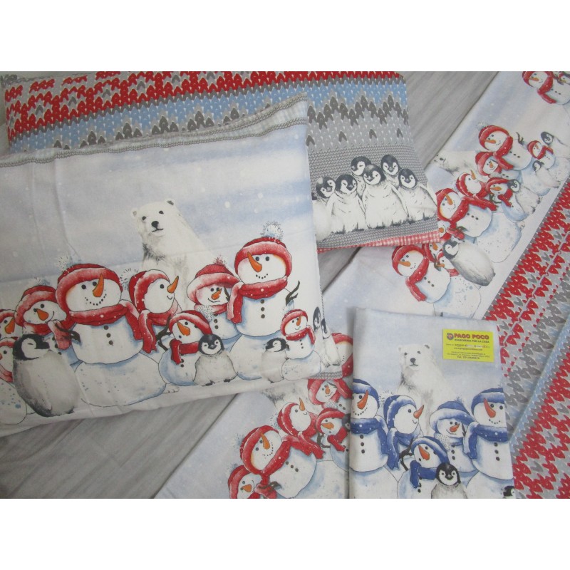 Bettwäsche-Set aus 100 % Flanell. Pinguine, Schneemann, Bär, Einzel-, Doppel-, Halbquadratmuster... HERGESTELLT IN ITALIEN!!!