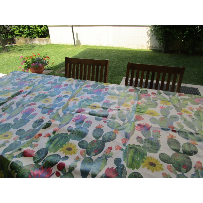 RECHTECKIGE Tischdecke aus plastifizierter Baumwolle, KAKTUS-Design, 100 % wasserabweisend, in allen Größen....HERGESTELLT IN