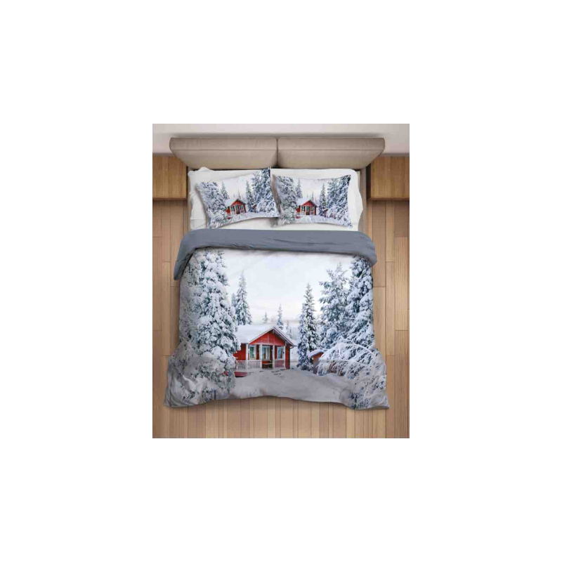 Double duvet cover Bag + 2 Pillowcases Digitally Printed 100% Cotton Snow and nature house design....!!