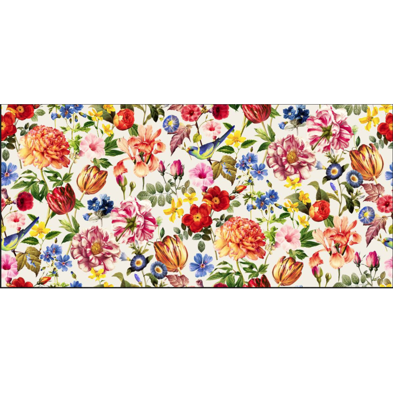 100 % wasserabweisende, schmutzabweisende, rechteckige Tischdecke, Blumenmuster mit farbigen Vögeln ... HERGESTELLT IN ITALIEN