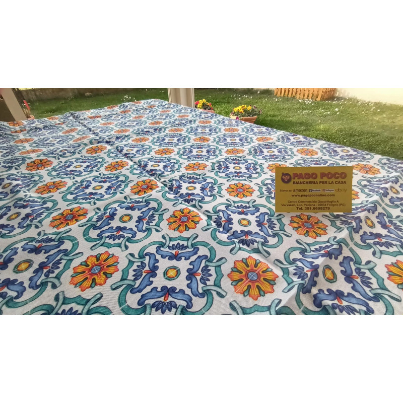 100% Water Repellent Stain Resistant Tablecloth MAJOLICA..GEOMETRIC BLUE AND ORANGE Design....All Sizes..NO IRON!!!