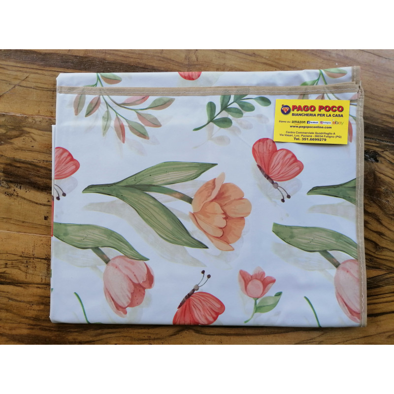 Tovaglia Rettangolare In Plastica Idrorepellente Disegno TULIPANI E FARFALLE .. In Tutte le Misure ..MADE IN ITALY..