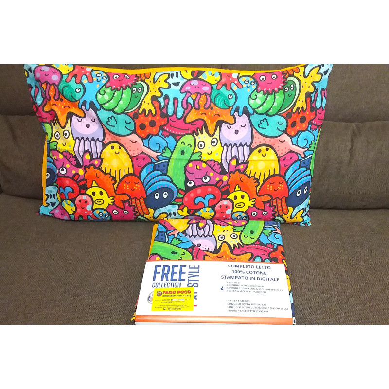 Completo letto e Copripiumino con Disegni CARTONI ANIMATI MOSTRINI...Singolo..Piazza Mezza..MADE IN ITALY!!!