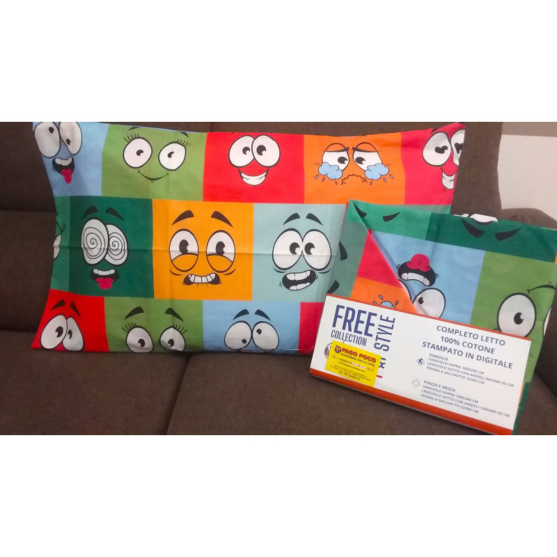 Kompletter Bett- oder Bettbezug mit CARTOONS SMILE-Design...Einzelbett..Halbquadrat..HERGESTELLT IN ITALIEN!!!