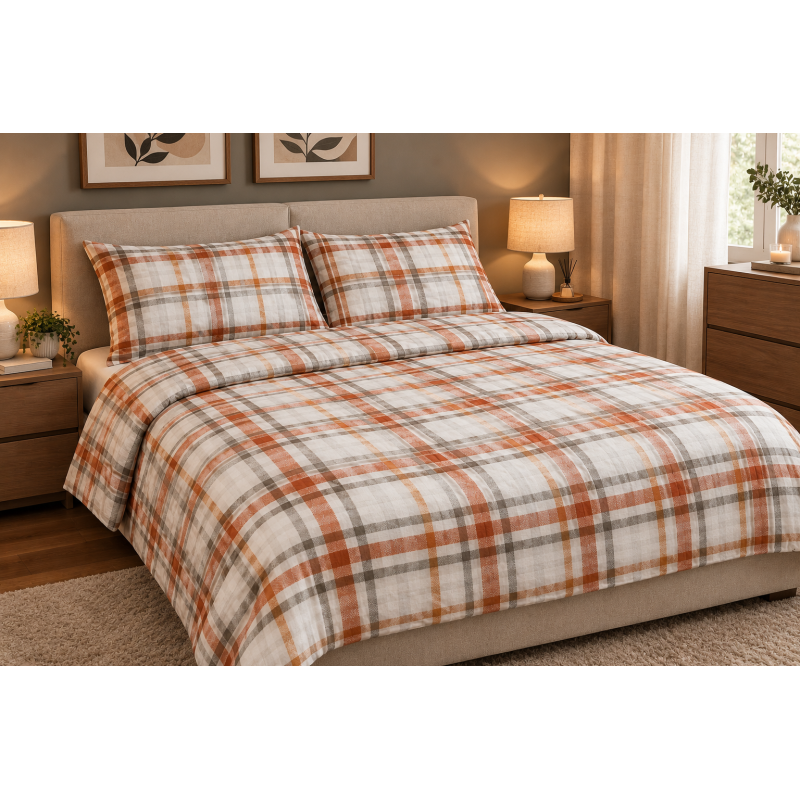 Completo Letto Matrimoniale in Mista Flanella Disegno SCOZZESE Colori:Arancio-Celeste  ..Misure Maxii!!!!