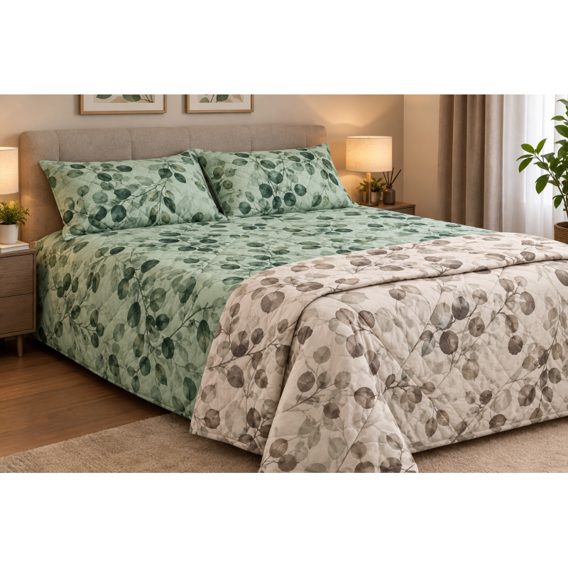 Completo Letto Matrimoniale in Mista Flanella Disegno FOGLIE COLORATE..Colori:Beige-Verde..MISURE MAXI!!!!!
