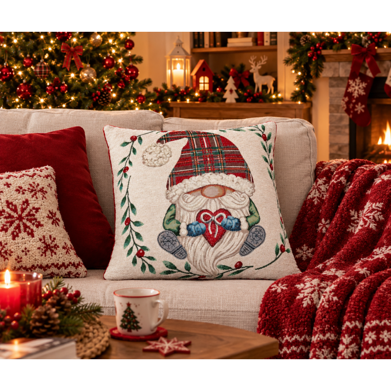 Taie d'oreiller imprimée numériquement GNOME NOËL ELF Design Taille: 50x50... 100% coton fil Lurex... FABRIQUÉ EN ITALIE